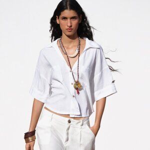 Linen Blend White Short Sleeve Shirt